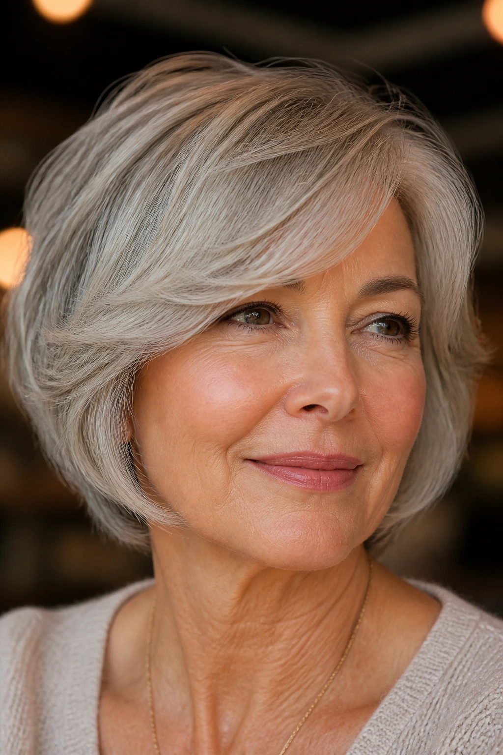 Close-up portrait of a real woman with feathered side-swept bob indoors
