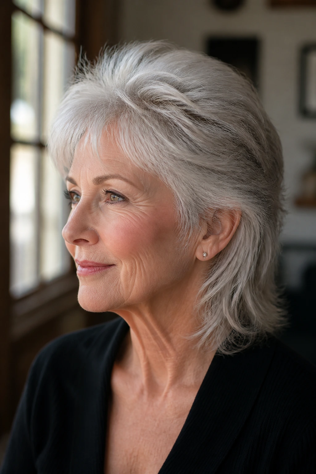 Close-up of a real woman with a feathered crown-lift silver mullet