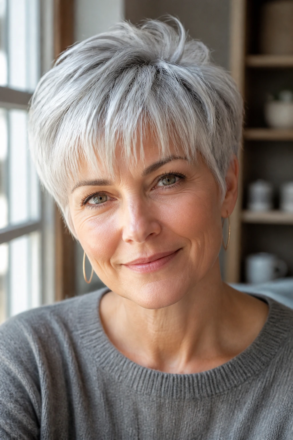 Portrait of a real woman with feathered silver pixie and soft fringe