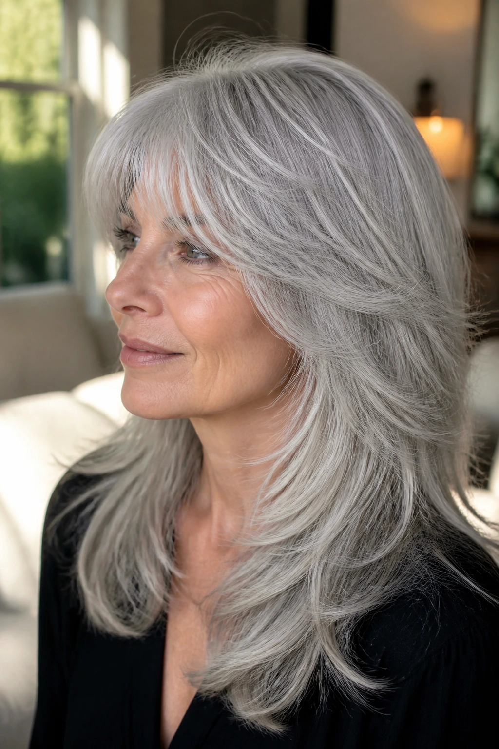 Portrait of an older woman with feathered silver shag in sunlit room.