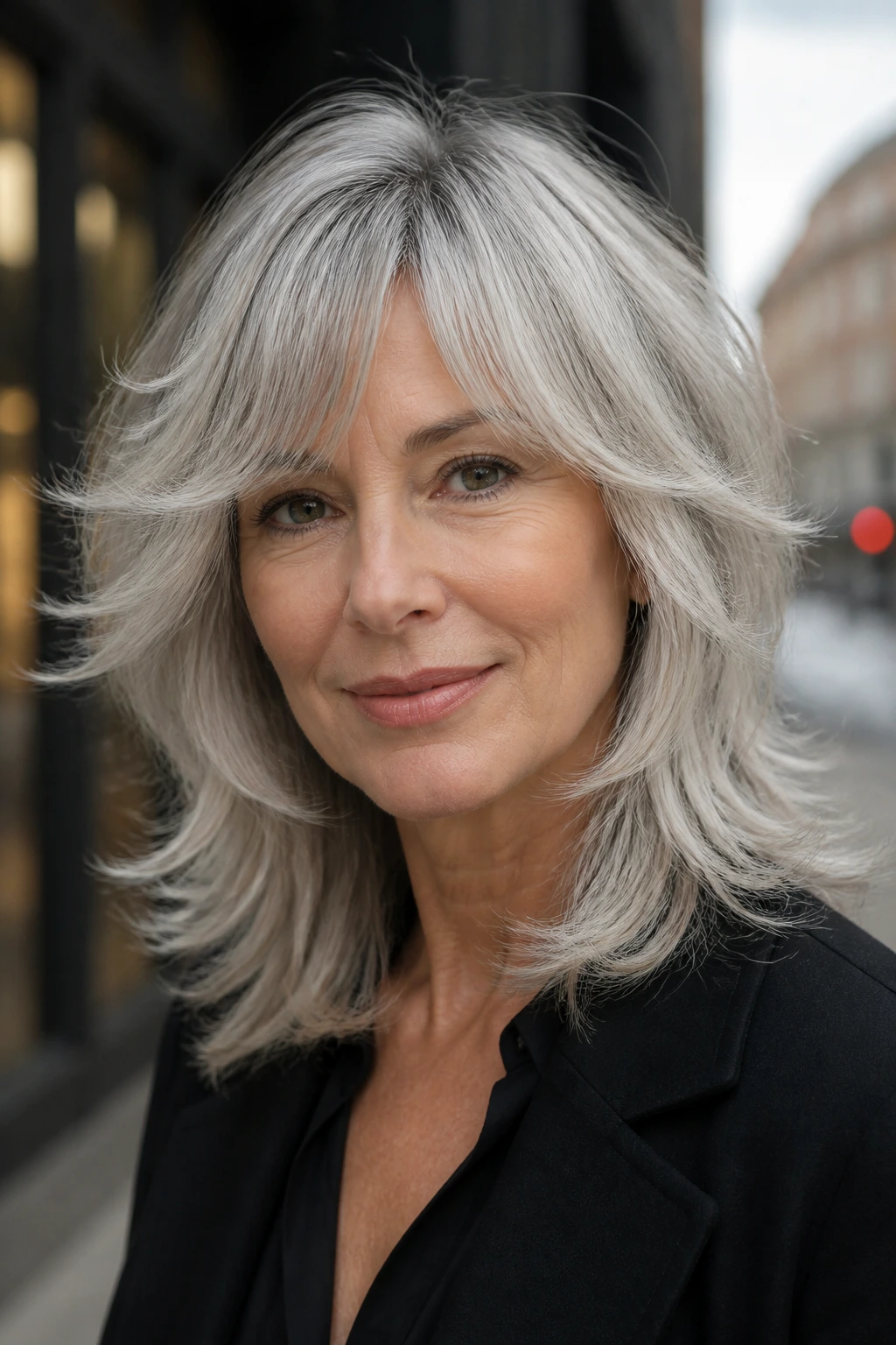 Feathered silver shag with curtain bangs on a real woman
