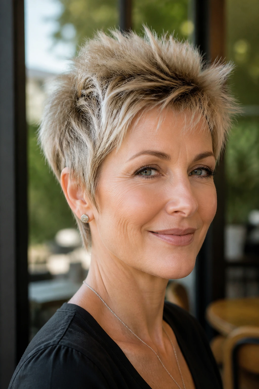 Close-up portrait of a real woman with feathered fine-hair spikes