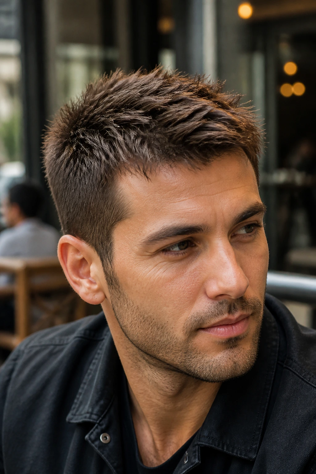 Portrait of a man with feathered forward spikes showing textured top