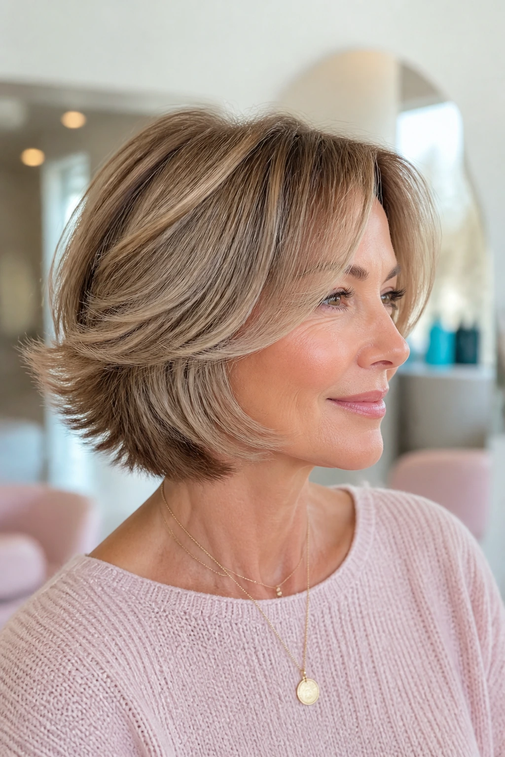 Real woman with flicked-out feather stack hairstyle in bright salon light