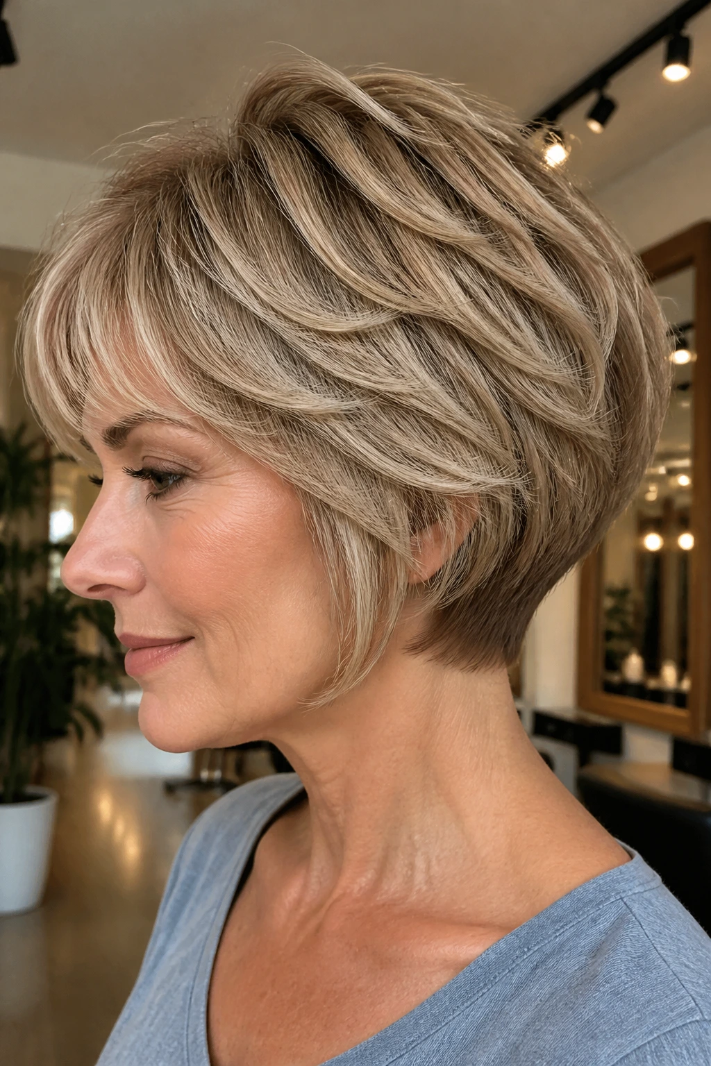 Close-up of a real woman with feathered stacked bob in a well-lit salon.