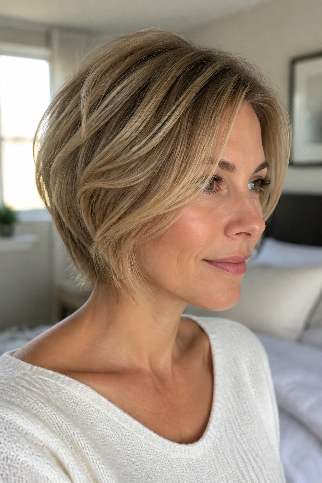 Real woman with feathered stacked bob for fine hair in bright natural light