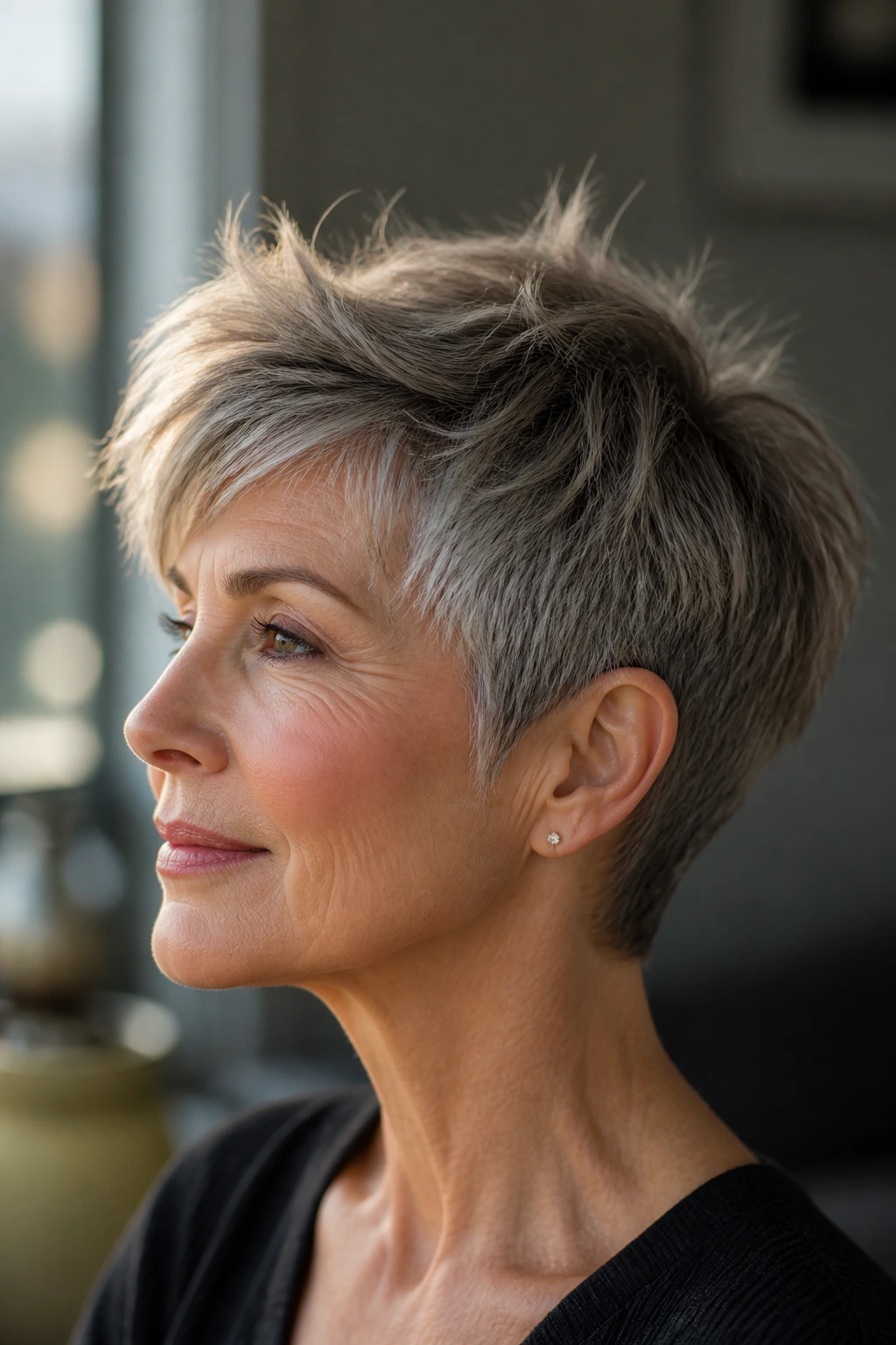 Portrait of a woman with feathered tapered pixie highlighting crown lift.