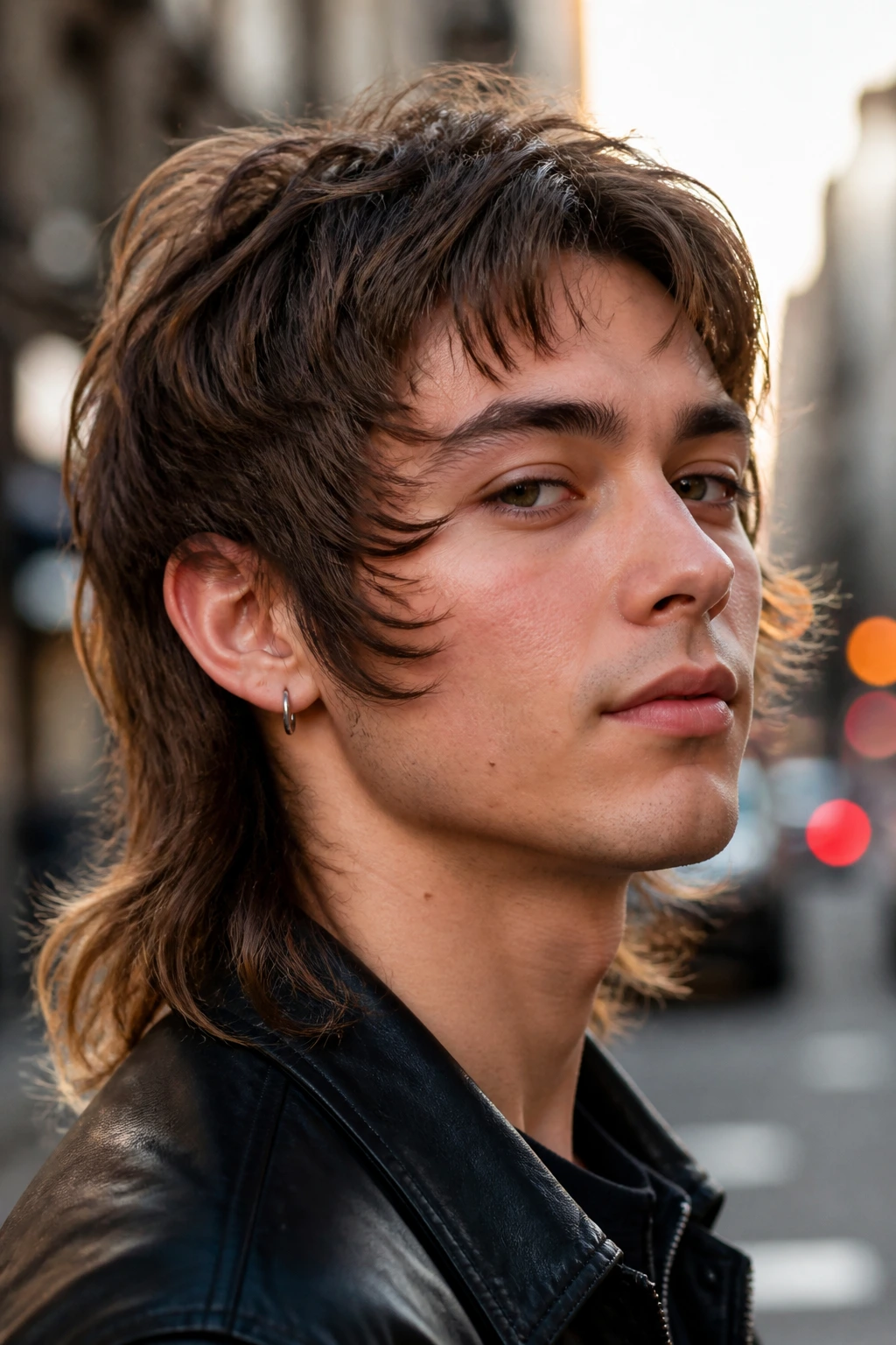 Close-up portrait of a real person with Feathered Temple Mullet showing feathered temple pieces