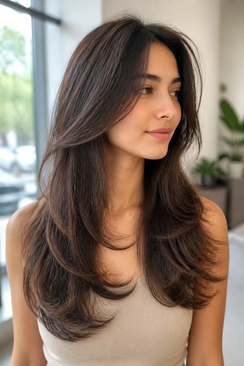 Close-up portrait of a real woman with feathered U-cut and soft edges