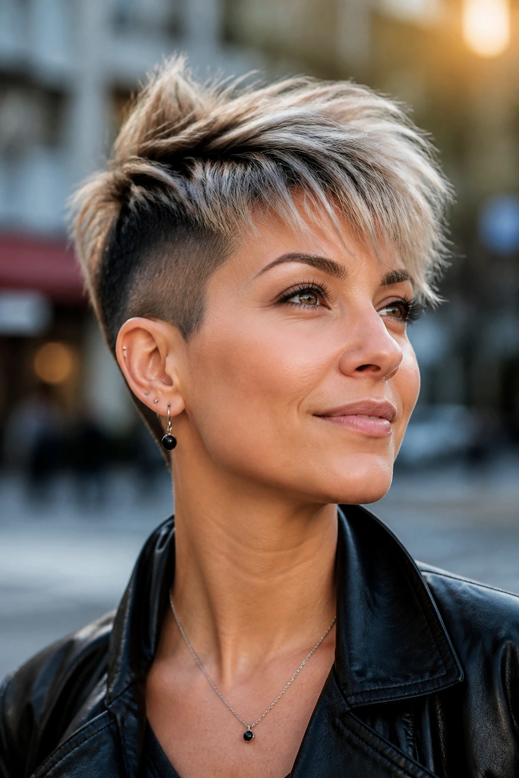 Head-and-shoulders shot of a woman with feathered undercut pixie