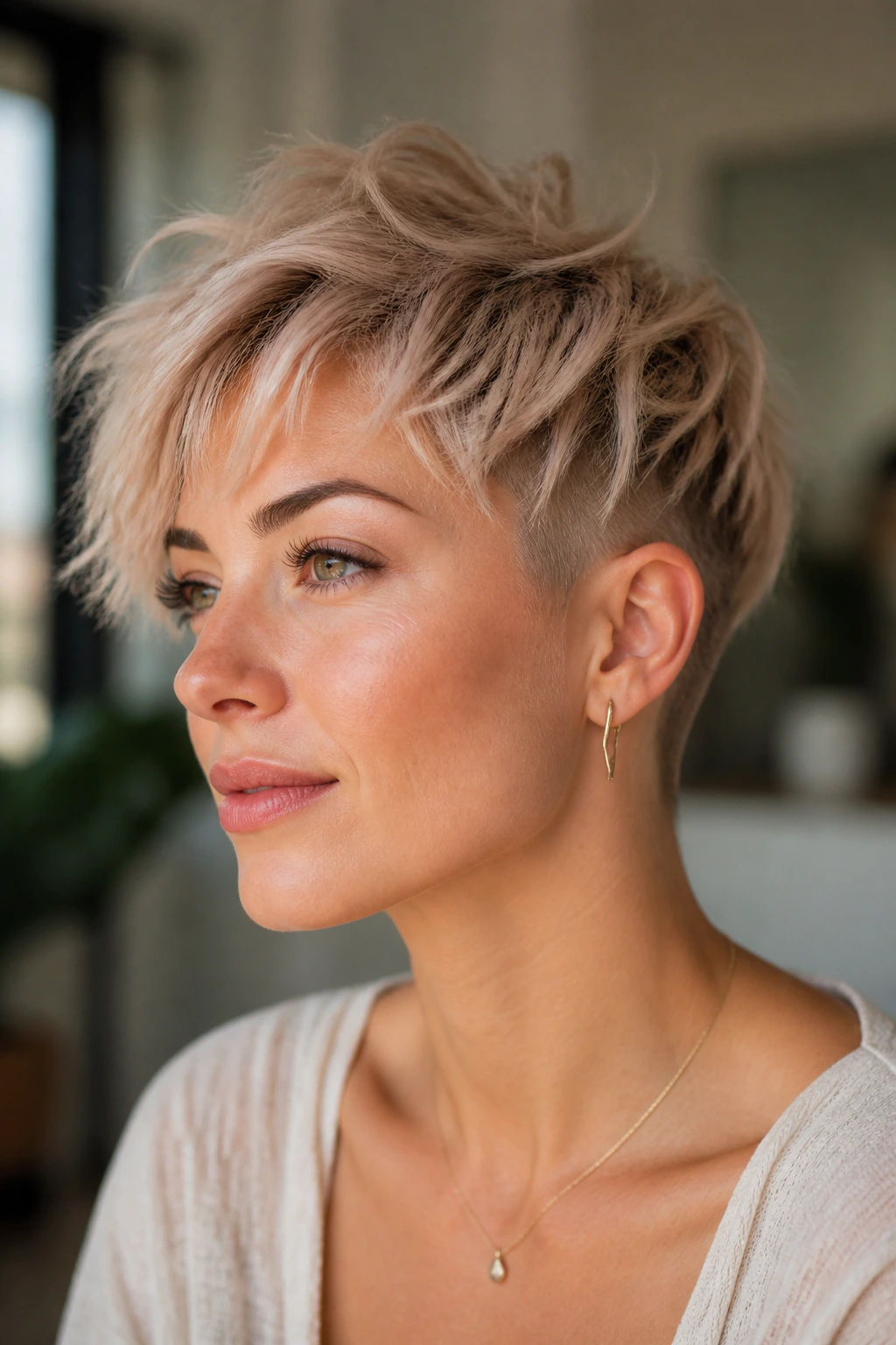 Medium close-up of a real woman with feathered undercut pixie, wispy ends and subtle nape undercut