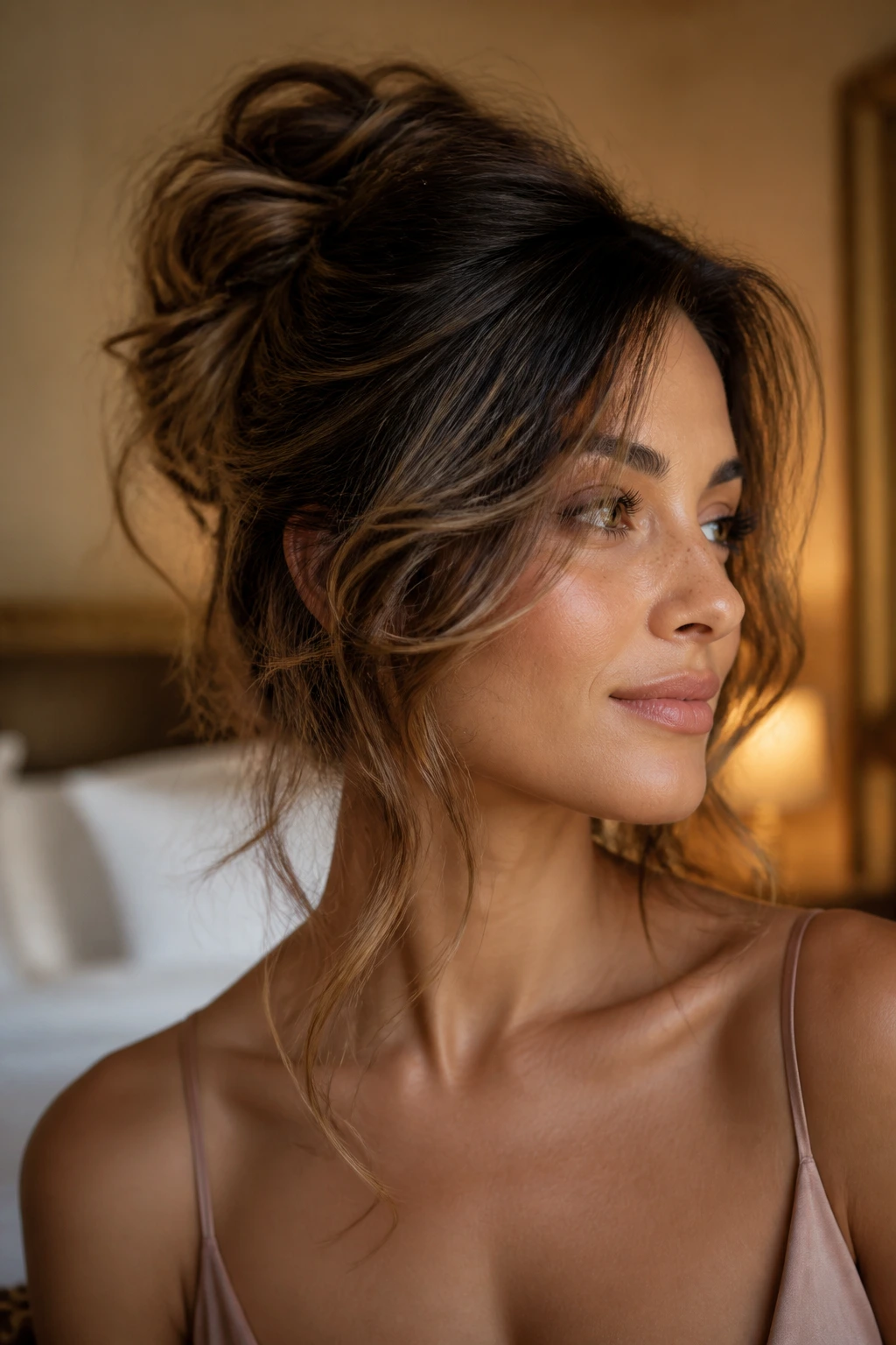 Close-up of real woman with soft feathered updo and loose tendrils