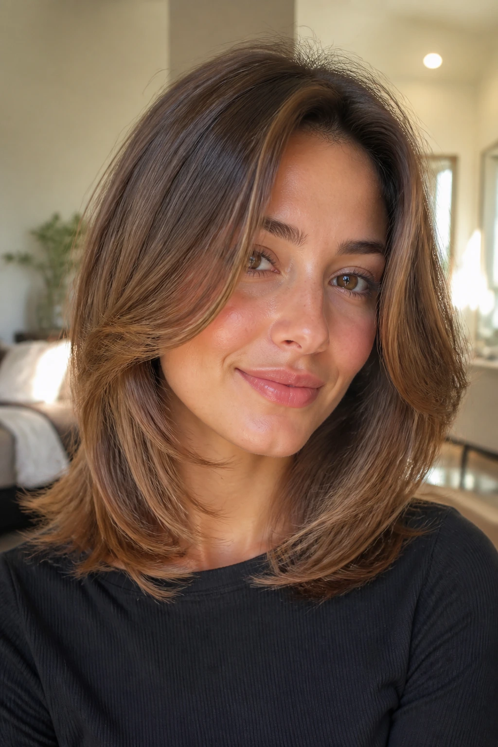 Portrait of a person with a soft, glossy feathered variation