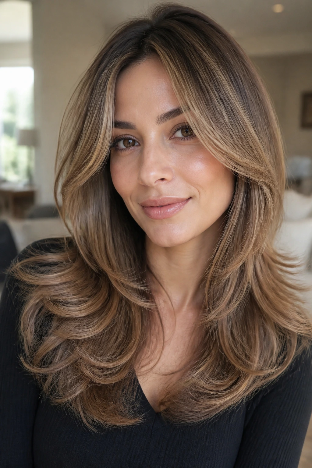 Real woman with a soft blowout feather variation