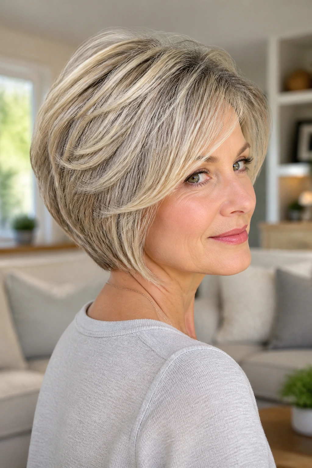 Close-up portrait of a real woman with a feathered volume stacked bob, crown lift and soft layers.