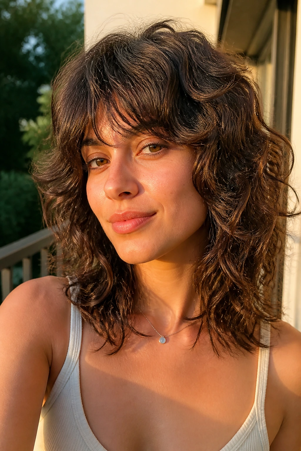 Close-up portrait of a real woman with feathered wave shag and soft bangs in sunlit balcony
