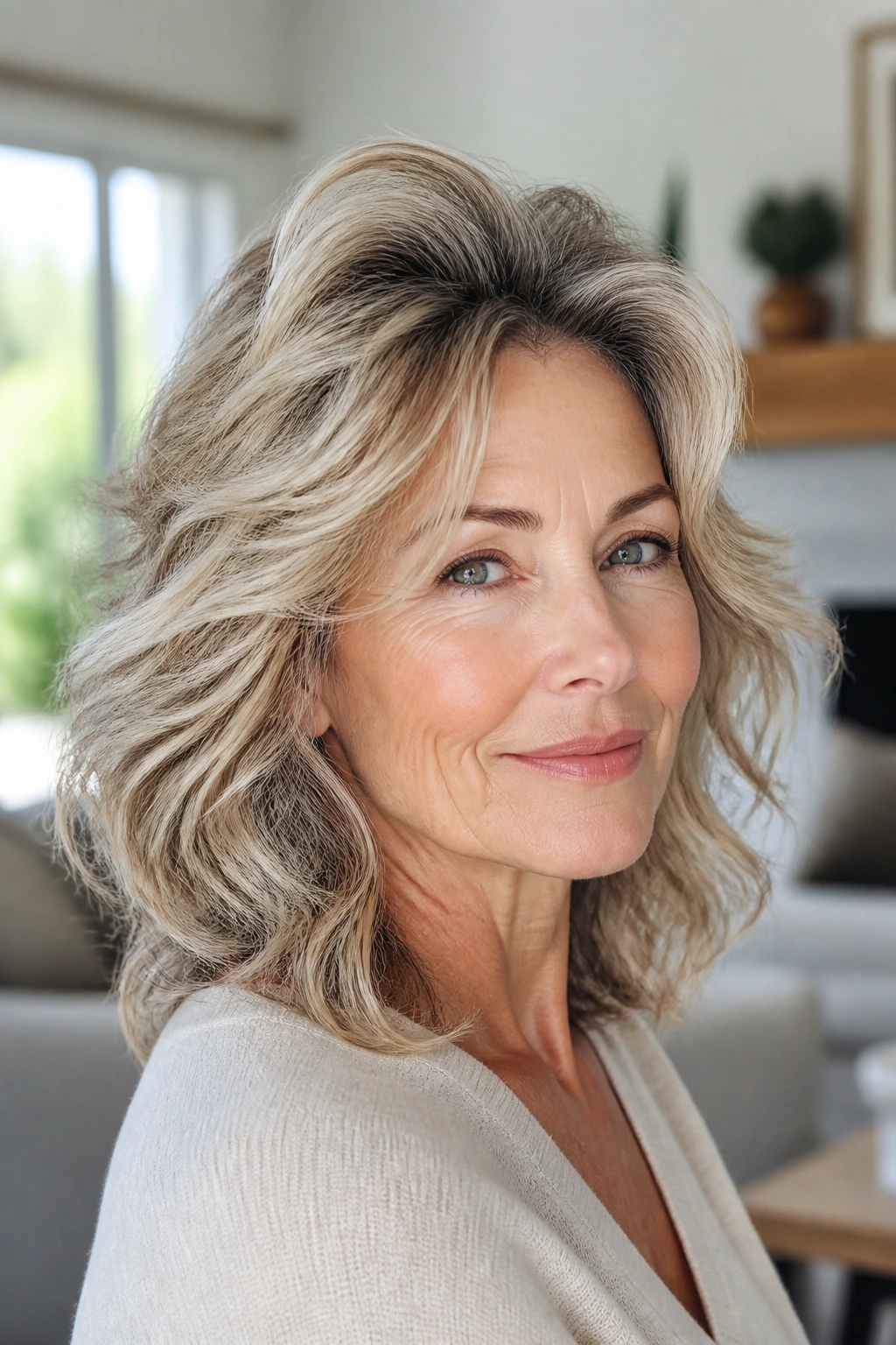 Close-up portrait of a real woman with Feathered Waves With Crown Lift showing crown lift and feathered layers