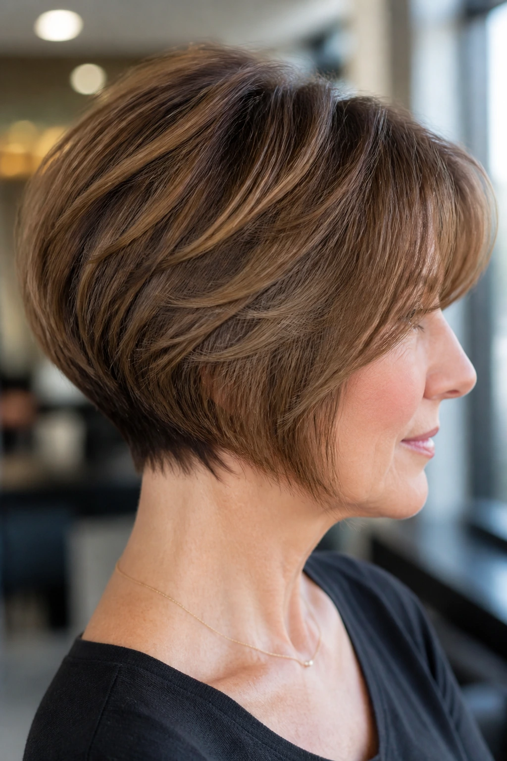 Head-and-shoulders portrait of a real woman with feathered wedge bob