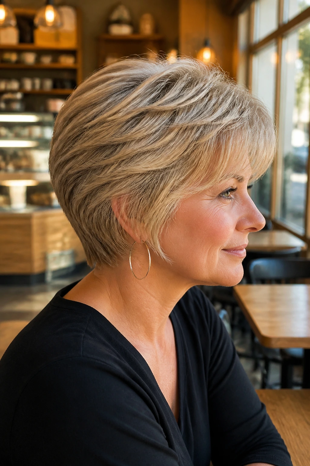 Three-quarter profile of a woman with feathered wedge cut in a cafe setting.
