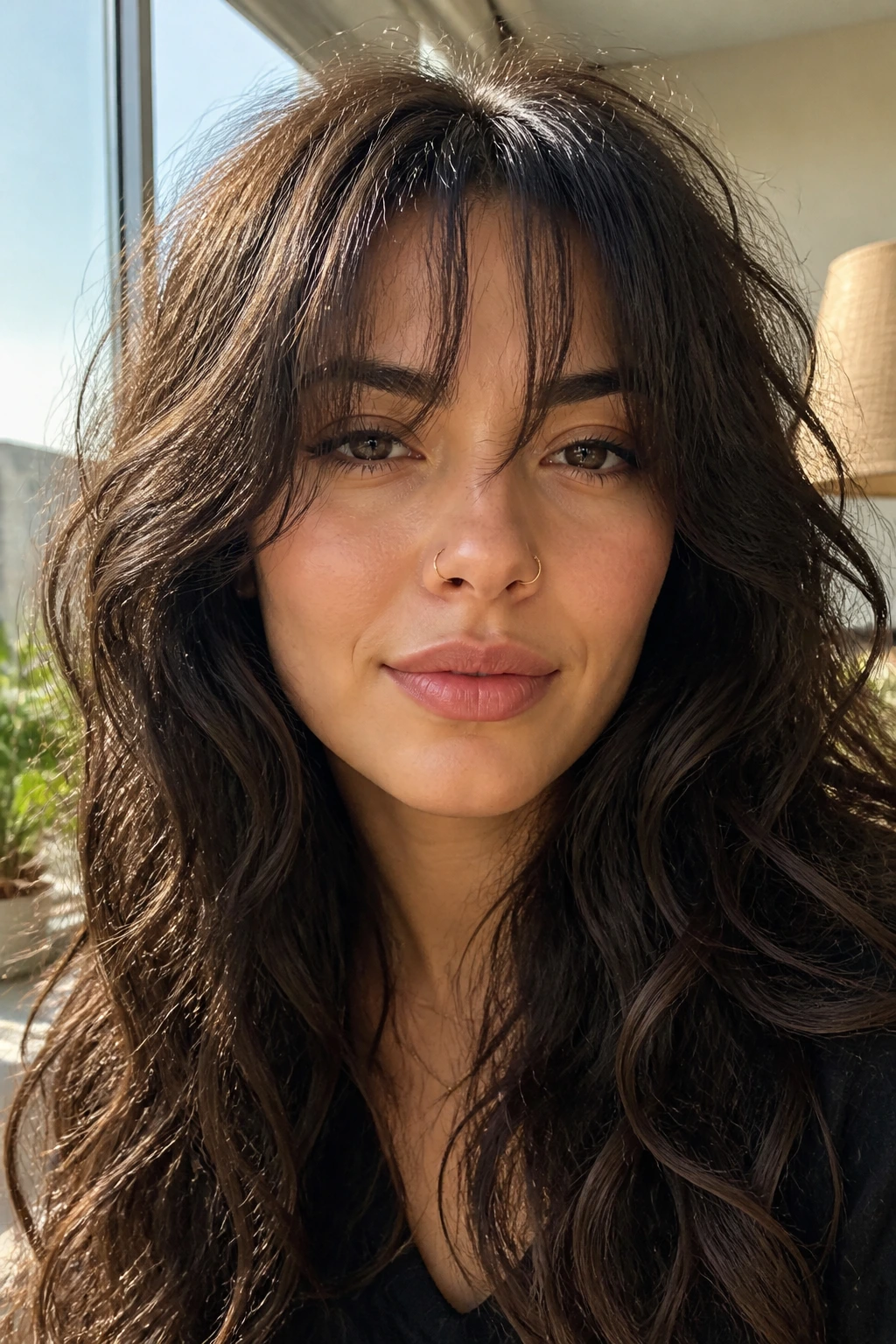 Close-up of a real woman with feathered wisps fringe on dense, wavy hair