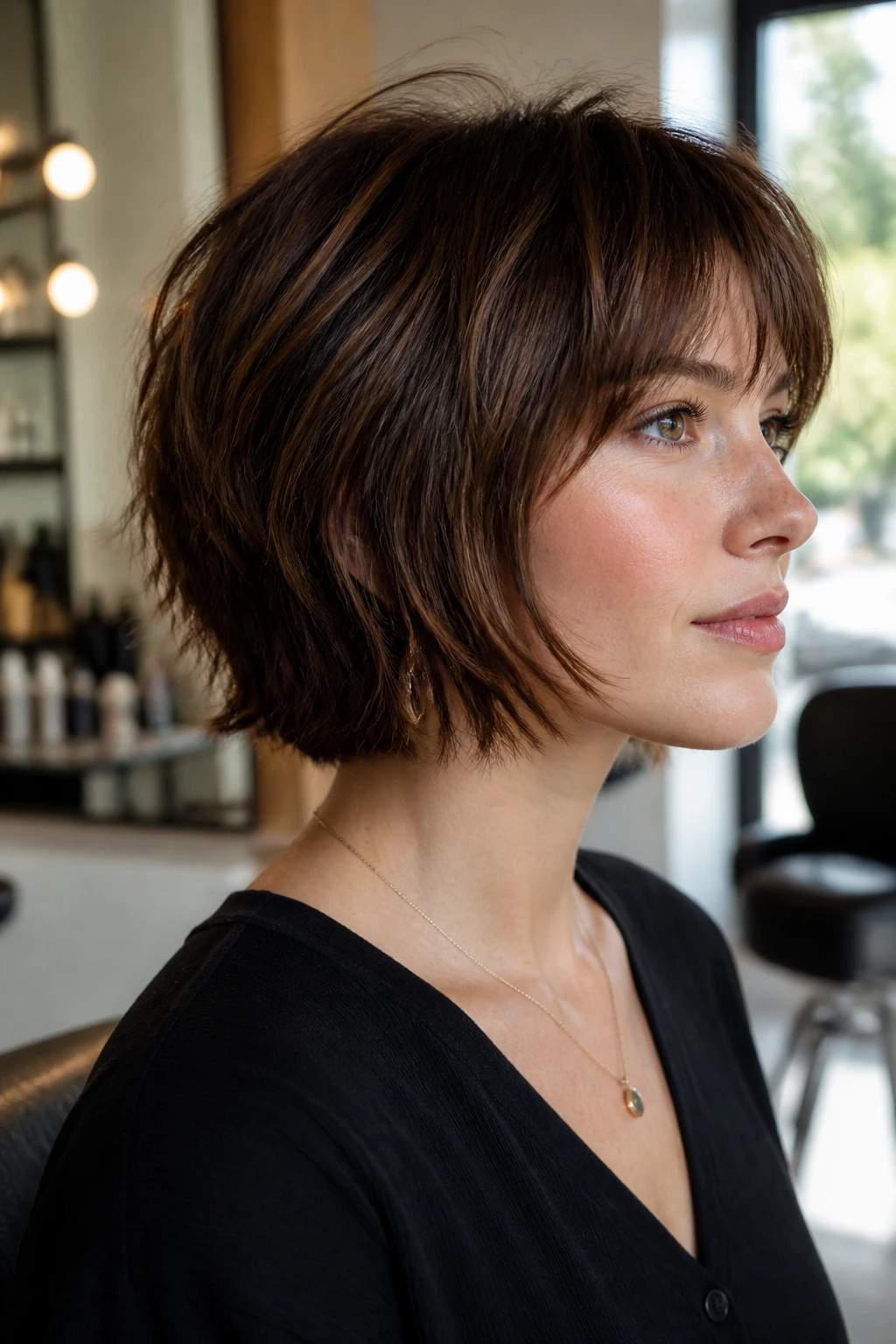 Close-up of a real person with a feathered micro wolf bob in a salon