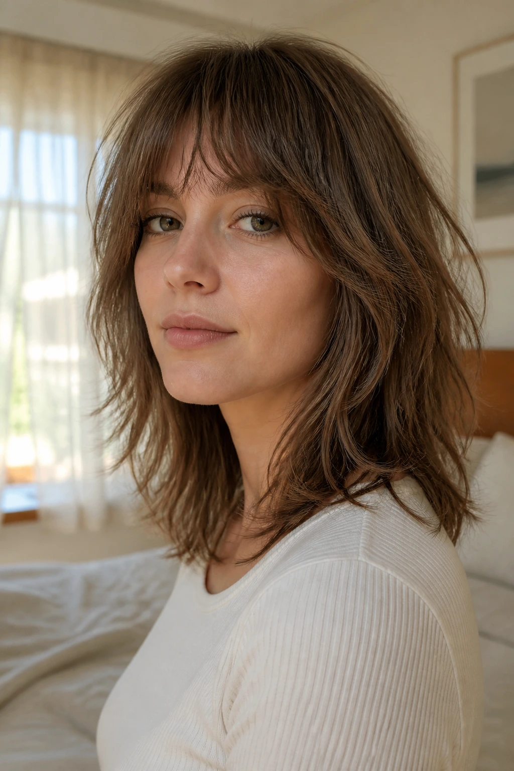 Portrait of a real person with a feathered wolf cut on fine hair in soft morning light