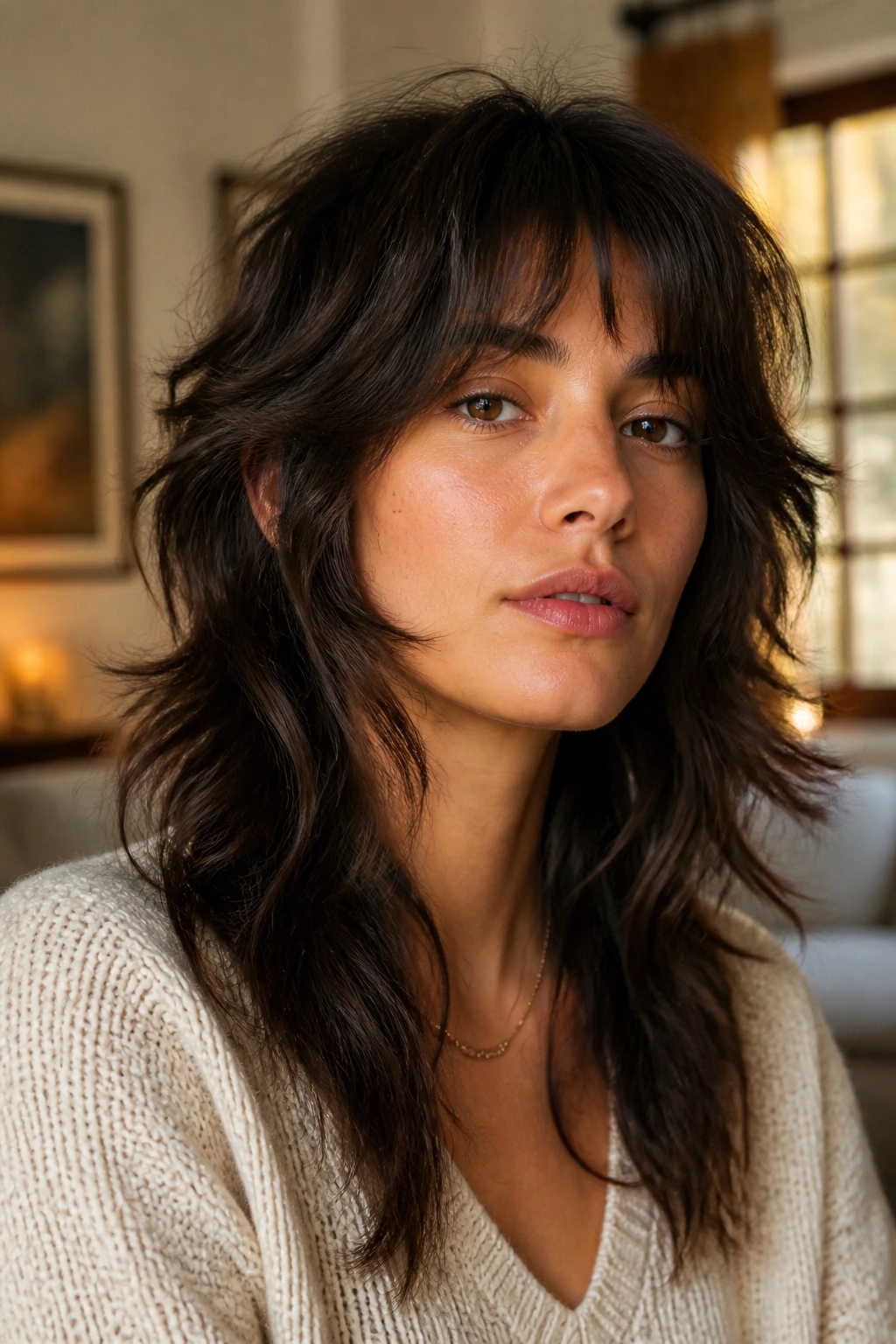 Close-up portrait of a real woman with Feathered Wolf Cut Lite showing soft crown layers and feathered texture.