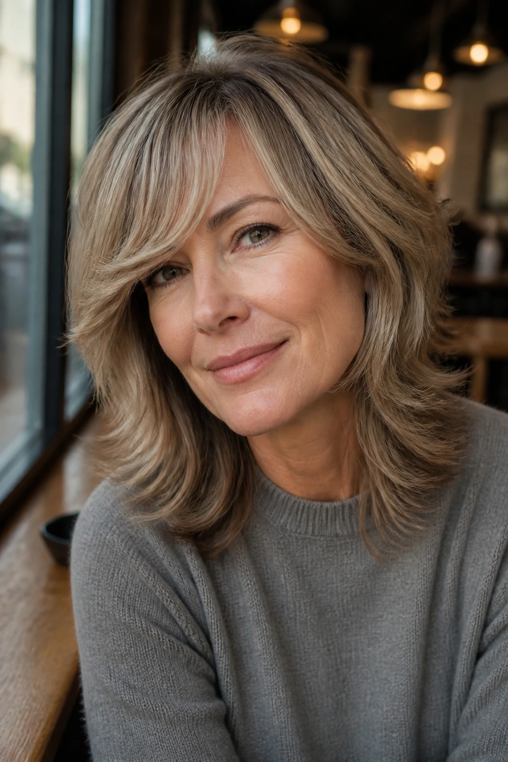 Portrait of a real woman with feathered wolf cut and side-swept fringe in warm daylight