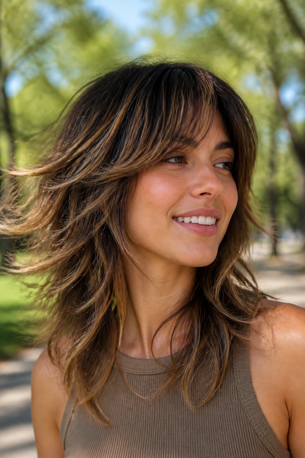 Brunette wearing feathered wolf shag with honey balayage in natural sunlight