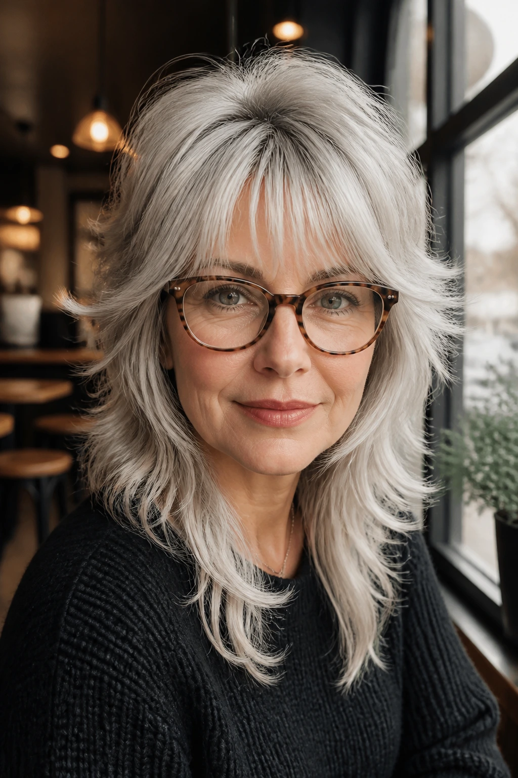 Close-up of a real woman wearing glasses with feathered wolf cut in platinum.