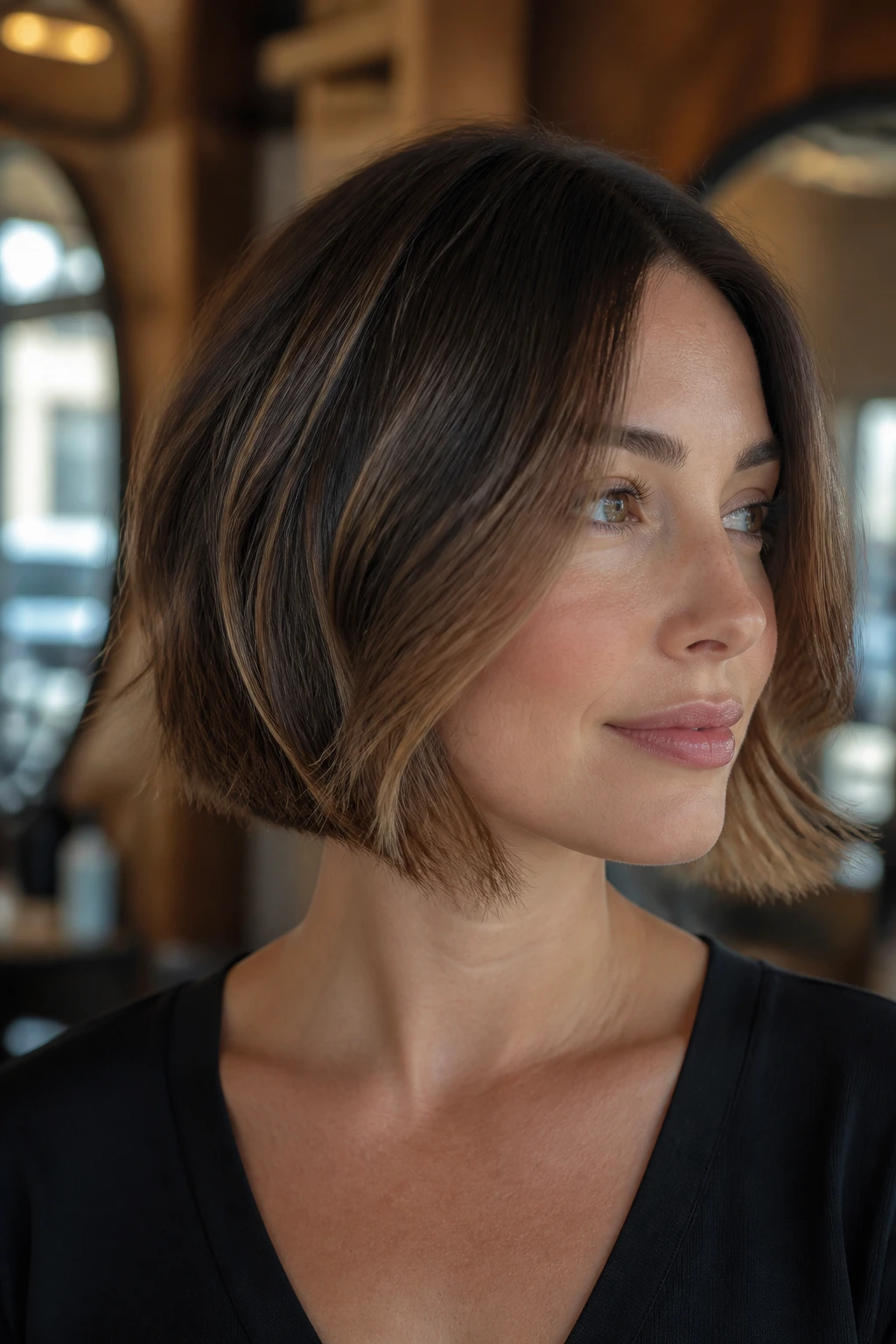 Close-up of a real person showing feathering changing a bob's shape at jawline