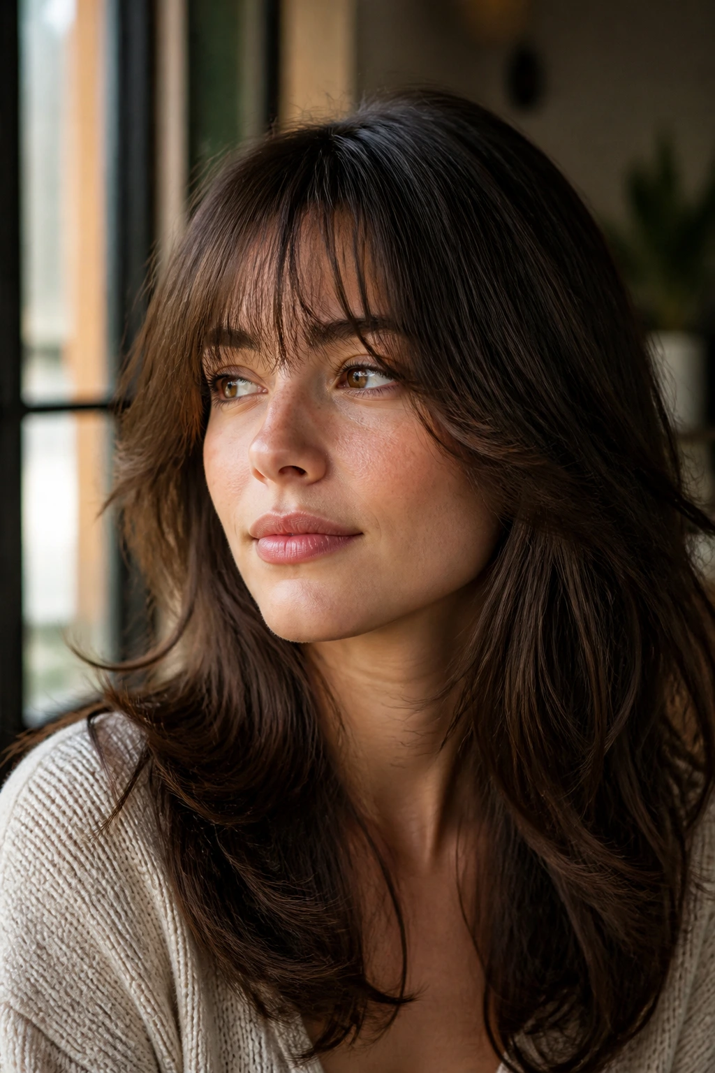Close-up of a woman with feathered ends and lifted edges