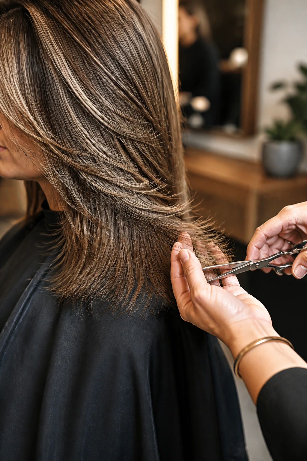 Close-up of hair feathering technique demonstrated on a real person in a salon