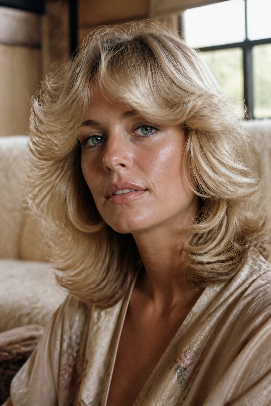 Portrait of a real woman with Farrah-inspired feathering around the jaw, soft and glossy.