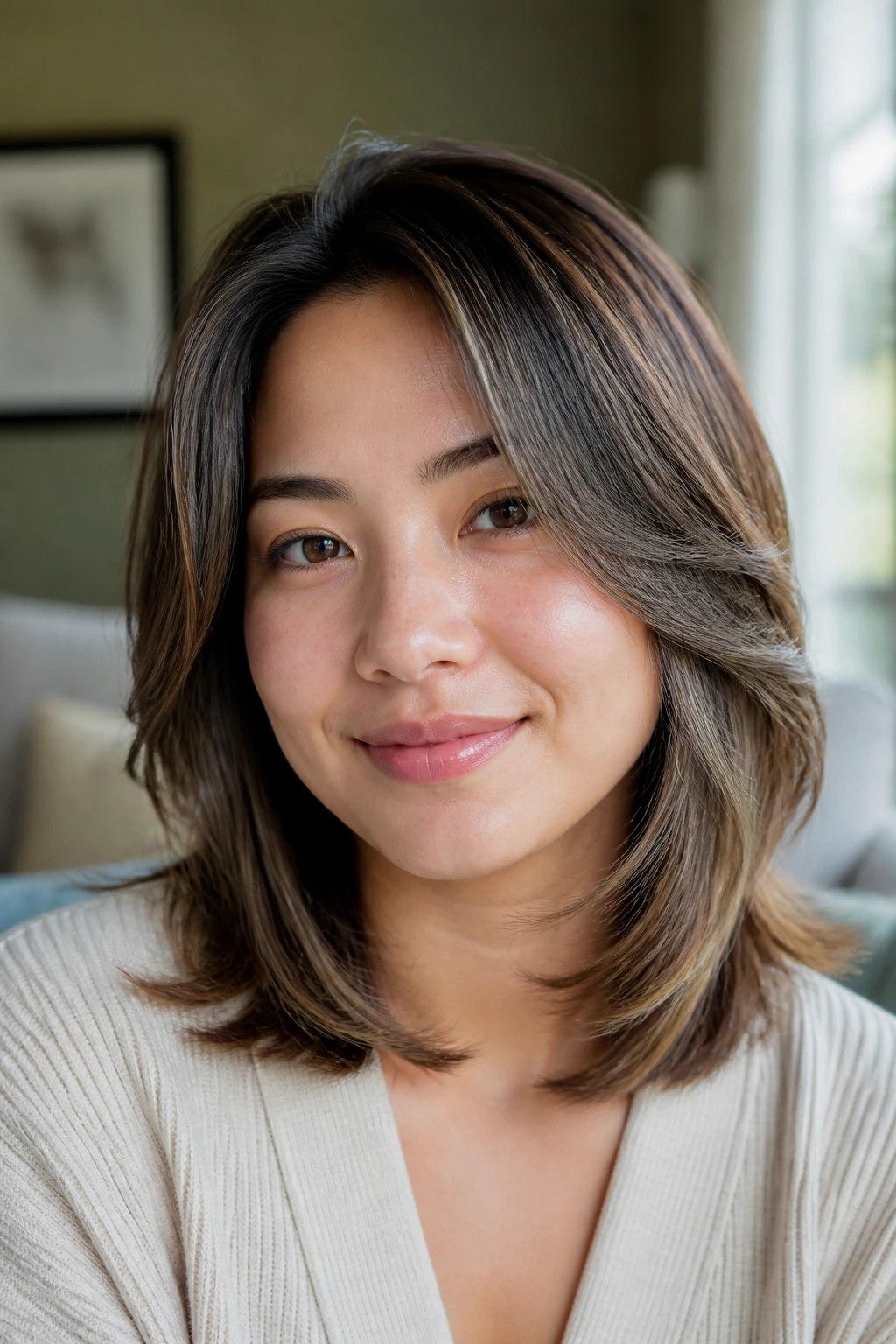 Close-up of a real person with shoulder-length feathered haircut starting below the cheeks