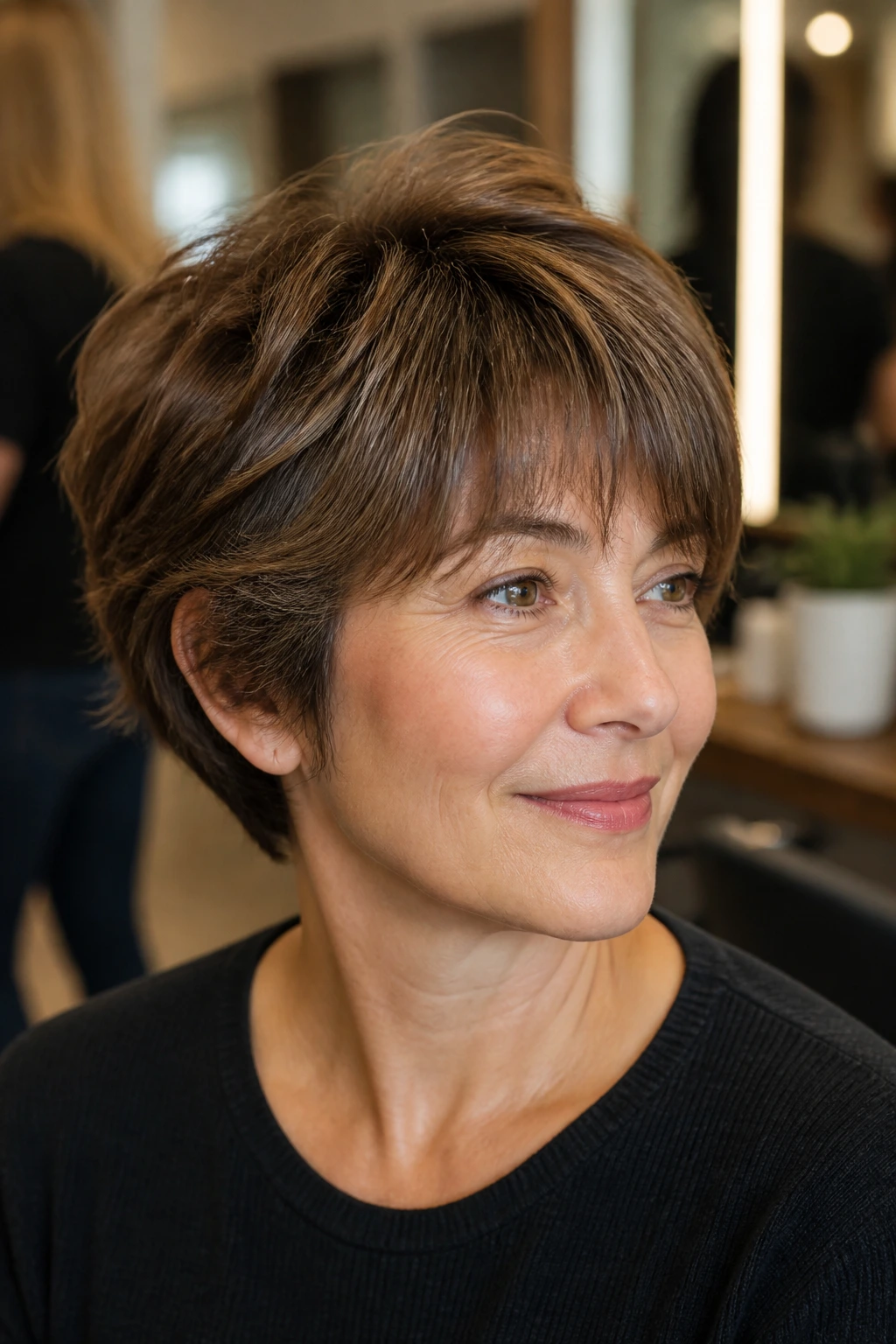 Close-up portrait of a woman with soft feathered short hairstyle in a salon