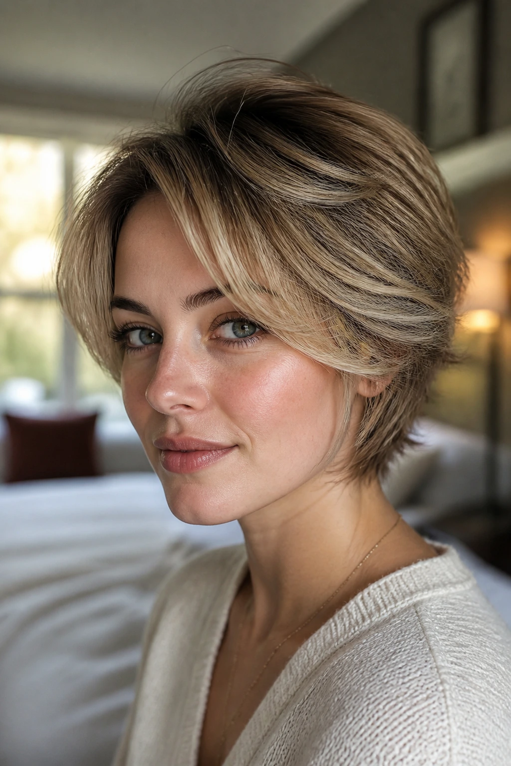 Close-up of a real woman with feathered short hair showing crown lift and wispy temple layers