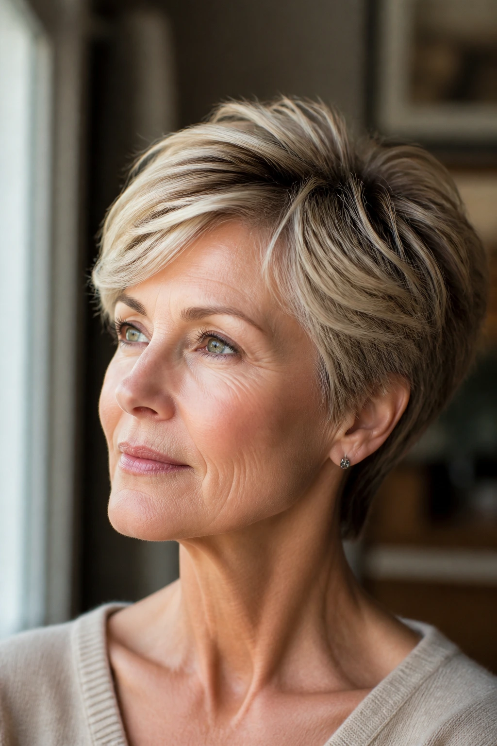 Portrait of a person with a feathered short hair edge under natural window light
