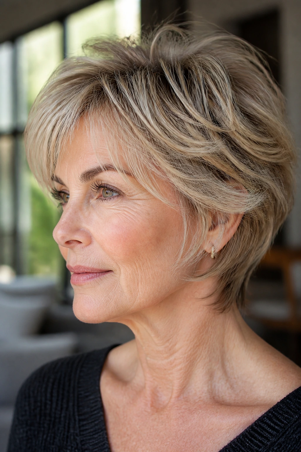 Close-up of a woman with short feathered hair showing feathering effect on shape