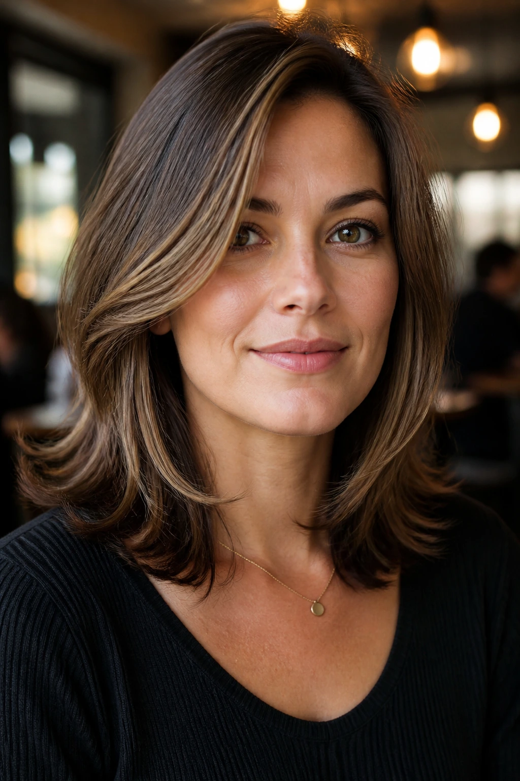 Close-up of a real person with shoulder-length feathered layers softening a square jaw