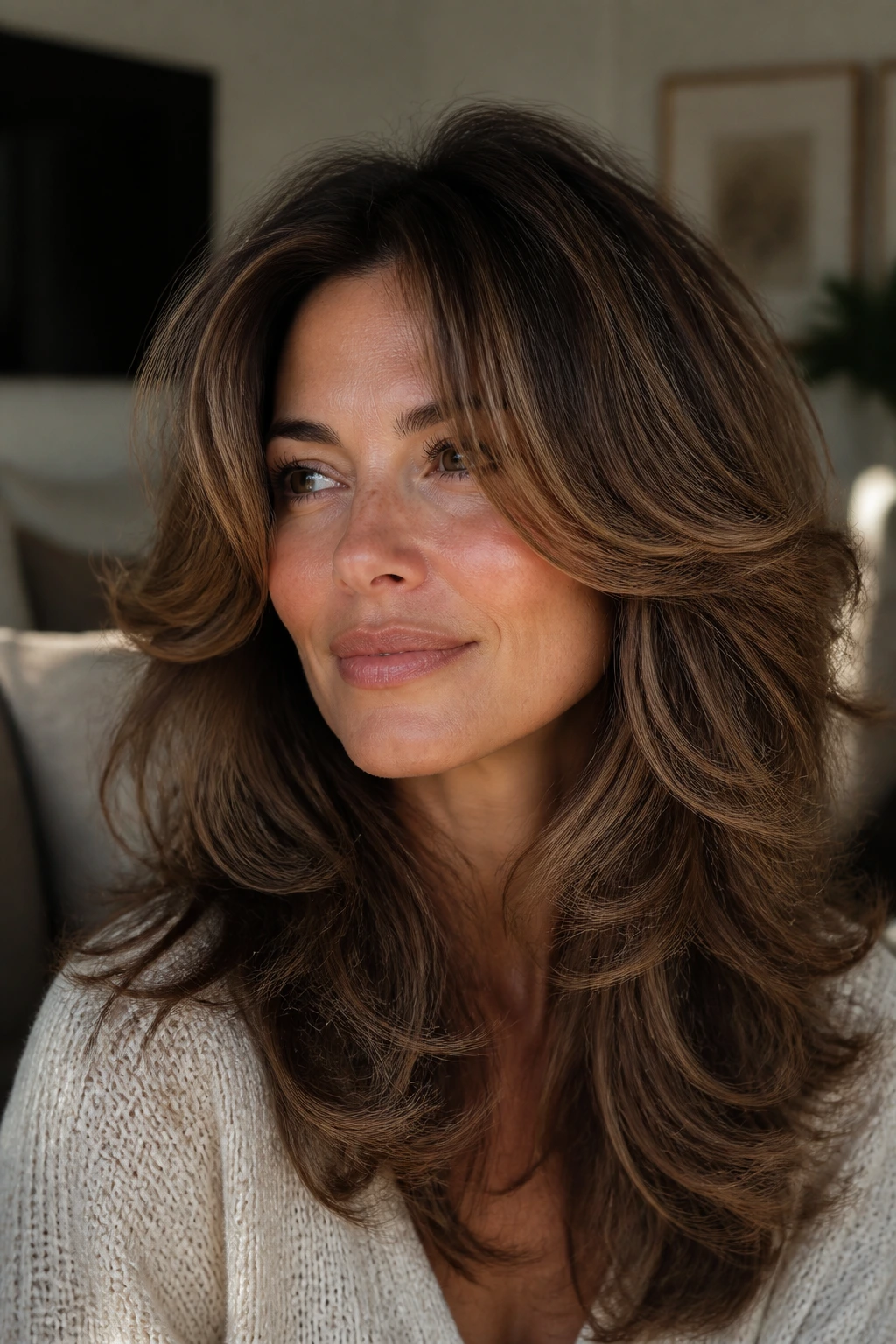 Close-up of a real woman with soft feathered hair and natural waves in a cozy living room.