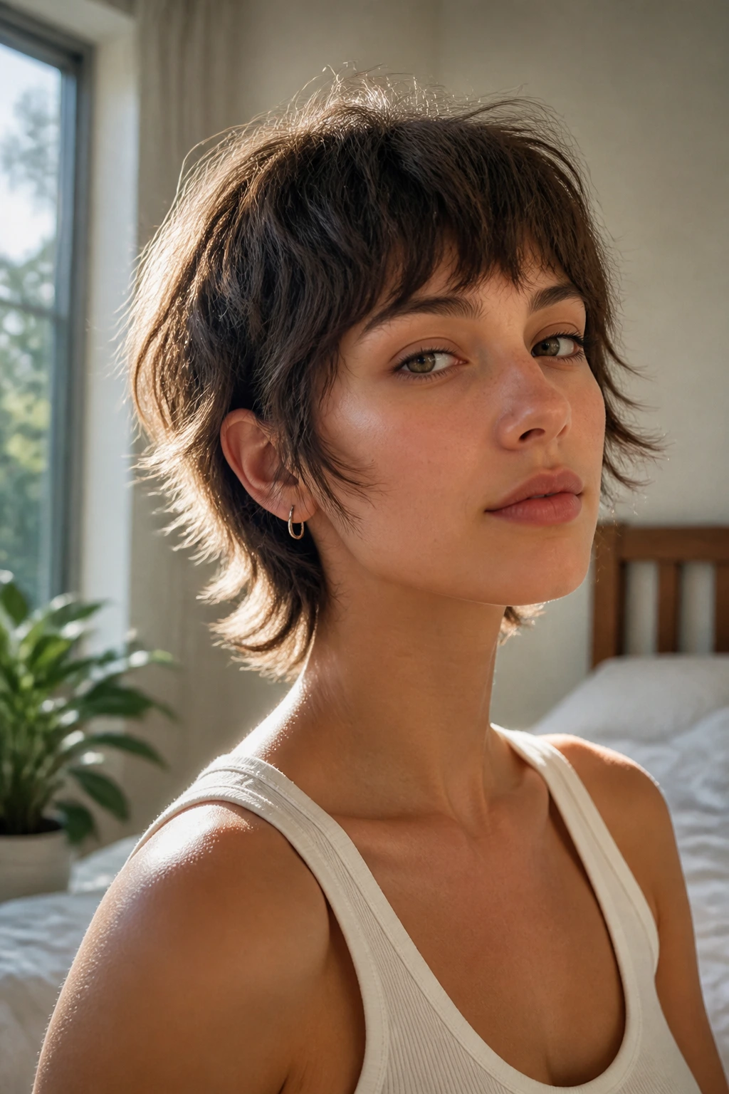 Close up of real person with featherlight air-dry wolf cut in sunlit bedroom