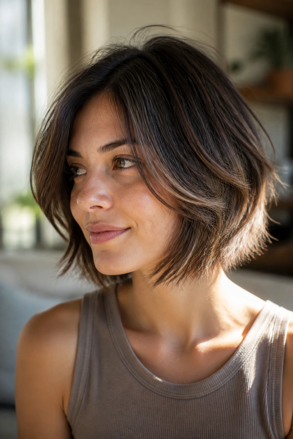 Close-up of a woman with a feathery bob and tapered ends in warm light