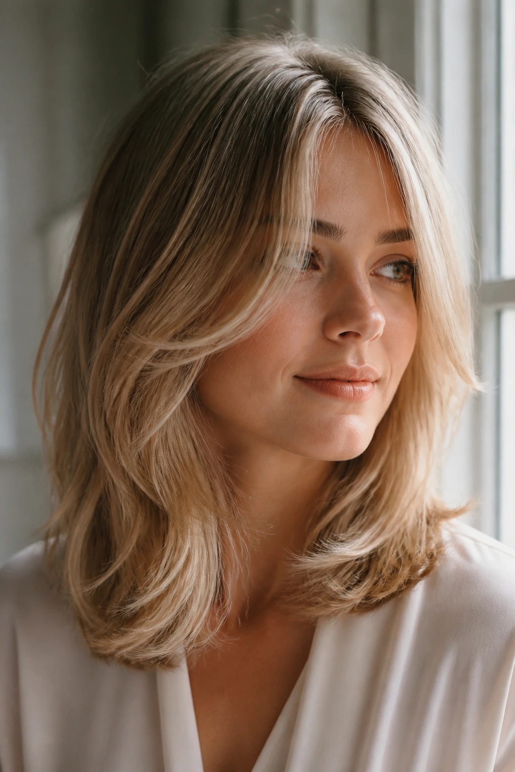 Close-up portrait of a real woman with a feathery cut for fine hair, showcasing wispy edges and gentle movement