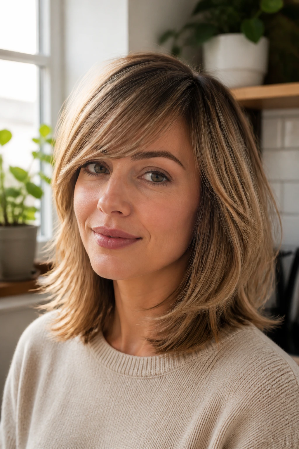 Close-up of a real person with feathery layers and side-swept fringe by a sunny window
