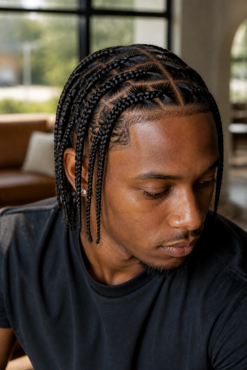 Close-up portrait of a real man with feed-in box braids and smooth root blend in a sunlit living room