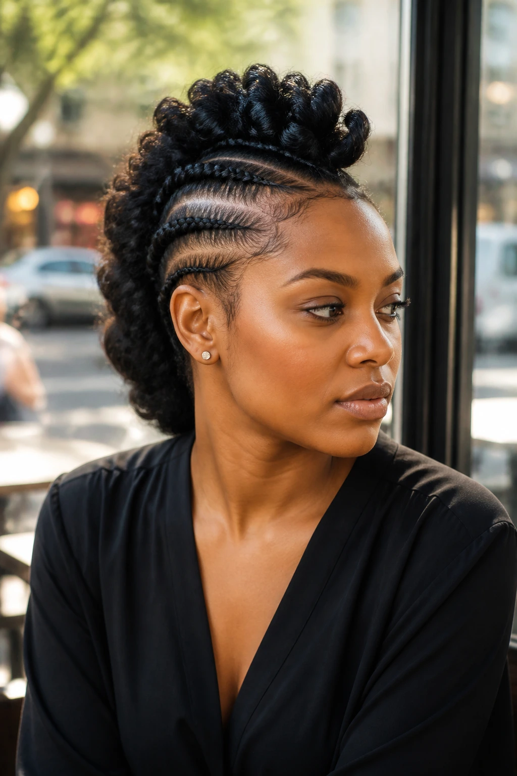 Close-up of a real Black woman with a feed-in braid frohawk, center ridge, natural cafe light