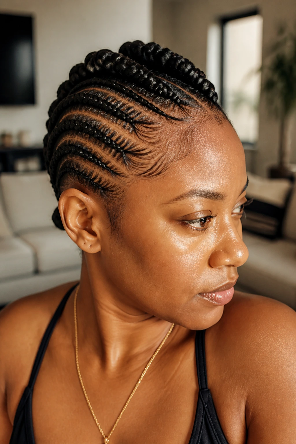 Close-up of a real Black woman with a feed-in braid hawk and smooth base in warm daylight.
