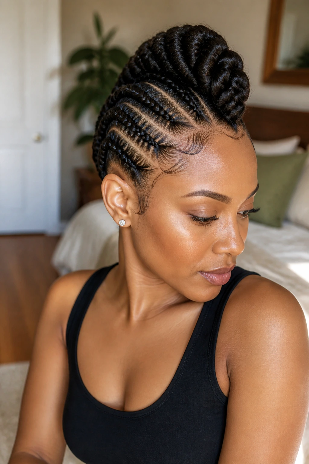 Real woman's feed-in braid mohawk close-up portrait with a sleek center ridge.
