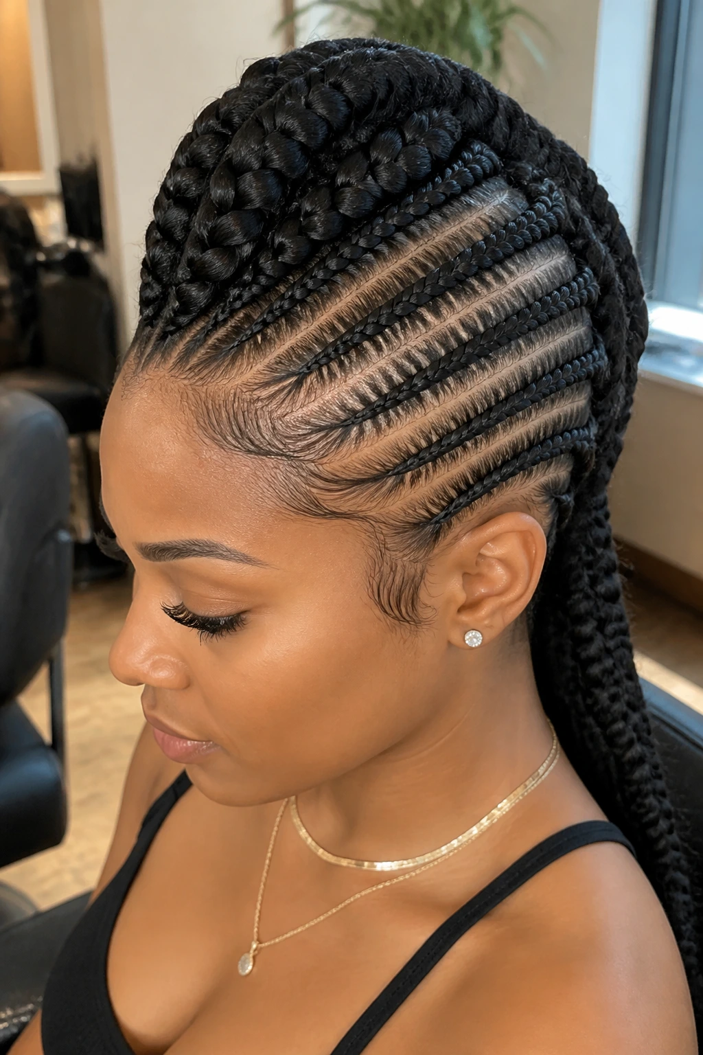Close-up portrait of a real woman with a feed-in braid mohawk showing a gradual braid build along the center.